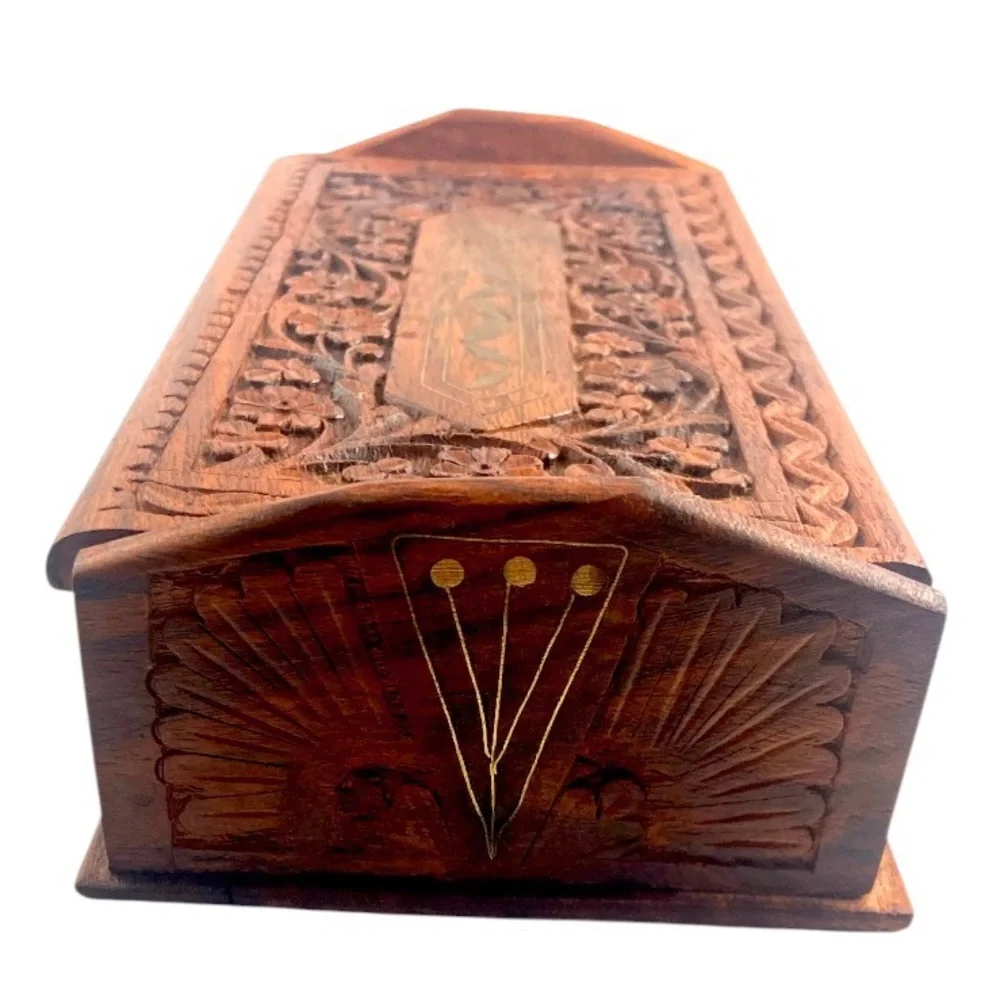 Vintage Ornate Indian Wooden Box Carved Floral Gold Paint Jewelry Trinket Holder